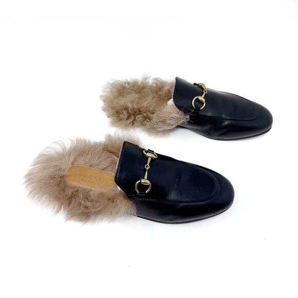 GUCCI Princetown Black Leather Fur Lined Loafer Mule with Bronze Horse Bit 37 - Picture 4 of 8